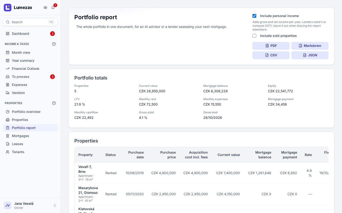 Value, debt, rent and yield of the whole portfolio in one document, ready for the bank before your next mortgage.